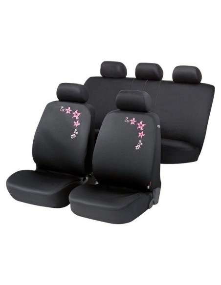 SET COPRISEDILI UNIVERSALI ROSA/NERO CON FIORI IN POLIESTERE